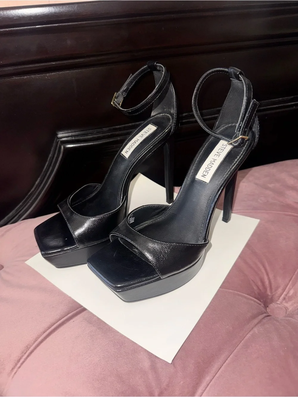 Steve Madden Black Patent Leather Platform Ankle-Strap Heels